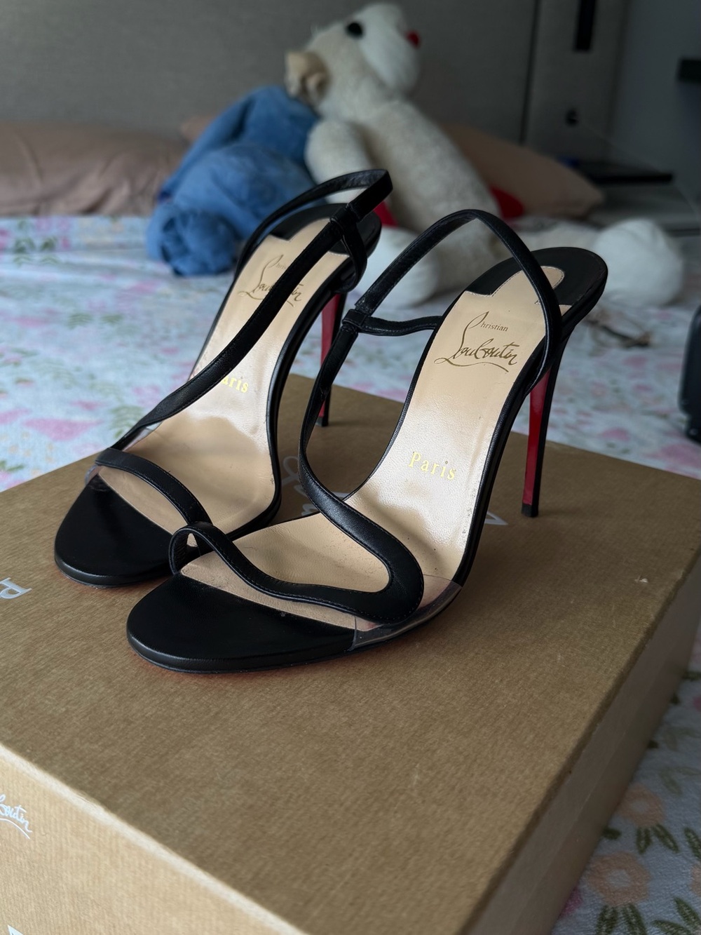 Christian Louboutin Black Strappy Red-Sole Stiletto Heels